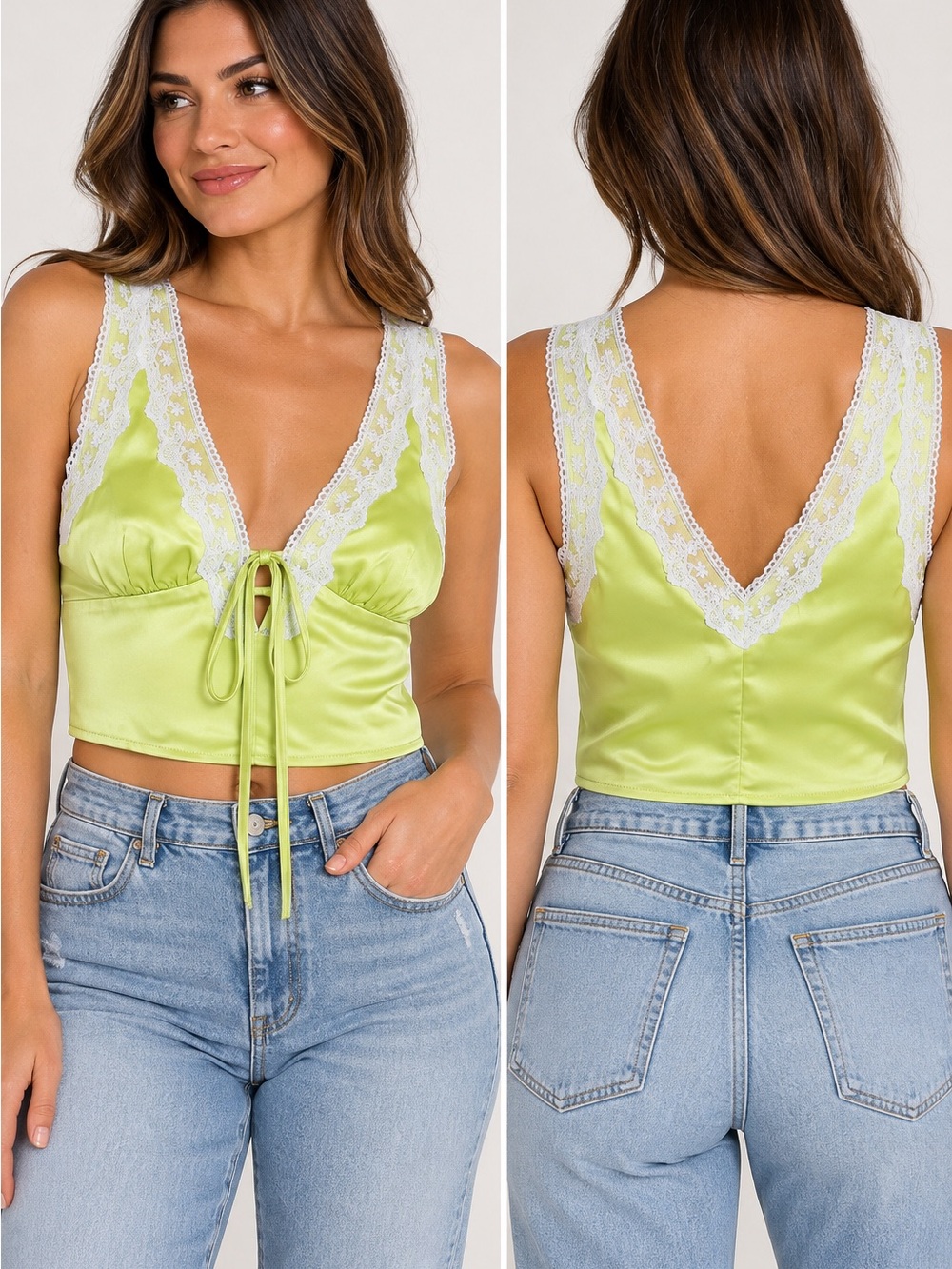 Satin Lace-Trim Tie-Front Crop Top in Lime Green